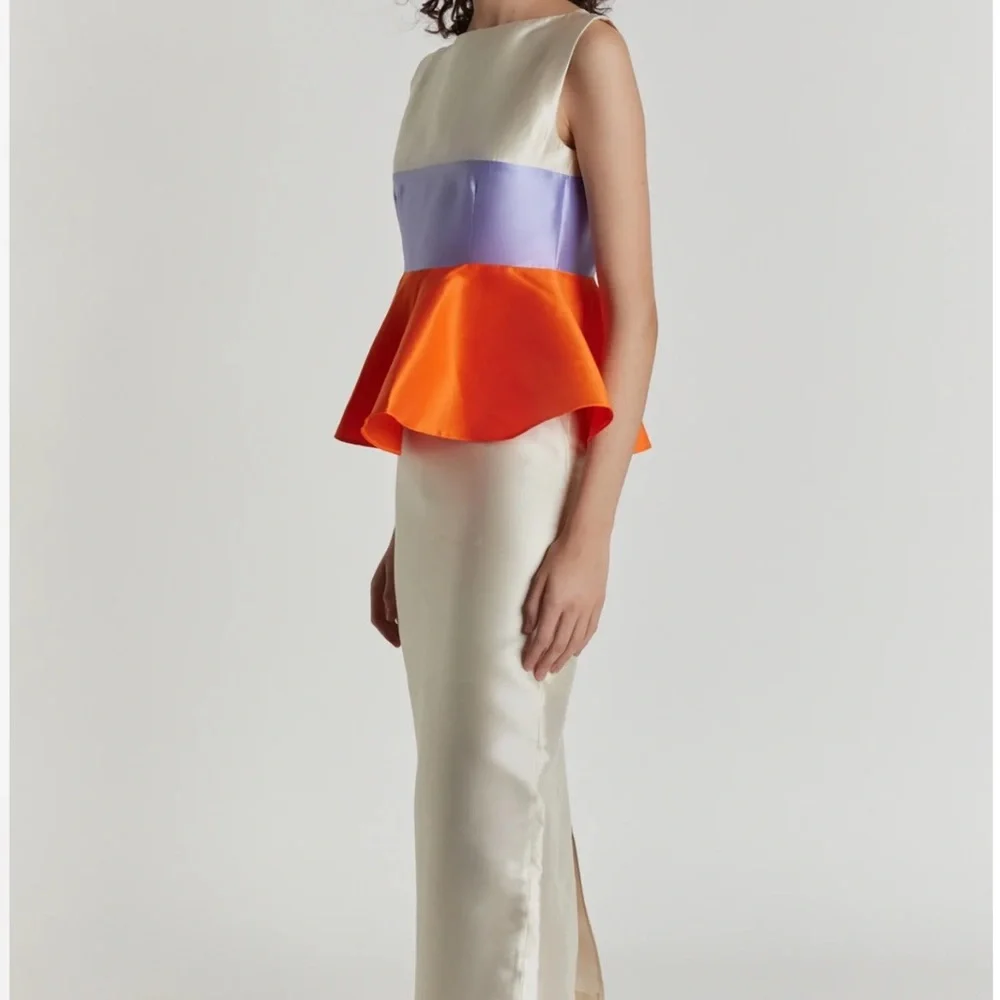 Destree Cream and Orange Peplum Ruffled Midi Cocktail Dress. Style name: Cy - Picture 2 of 6